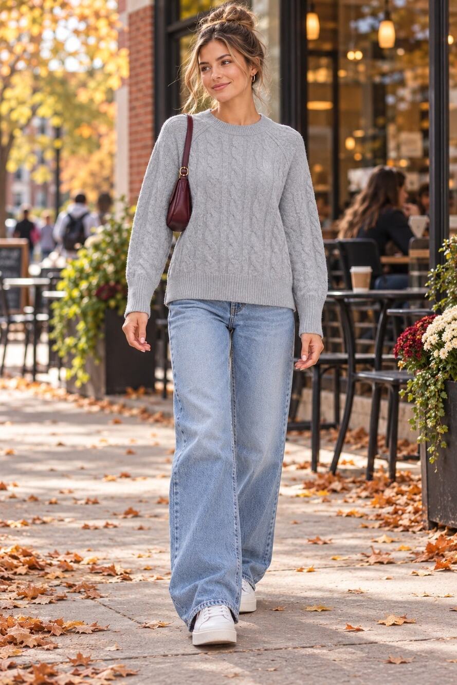 Aerie Womens Small Gray Cable Knit Crewneck Sweater Relaxed Fit Cozy Fall Preppy